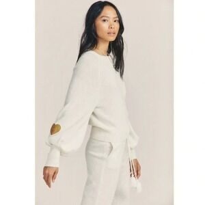 LoveShackFancy Ashland Cream Wool Cashmere Sequin Heart Elbow Patch Sweater